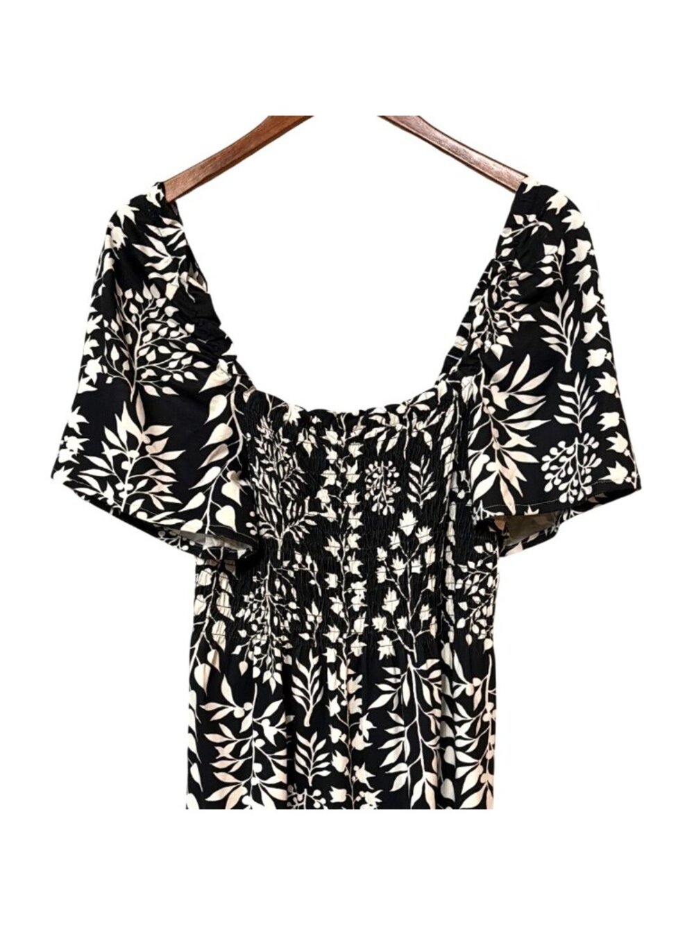 H&M Floral Maxi Dress Smocked Waist Short Sleeves Size M milkmaid cottage - Picture 2 of 7